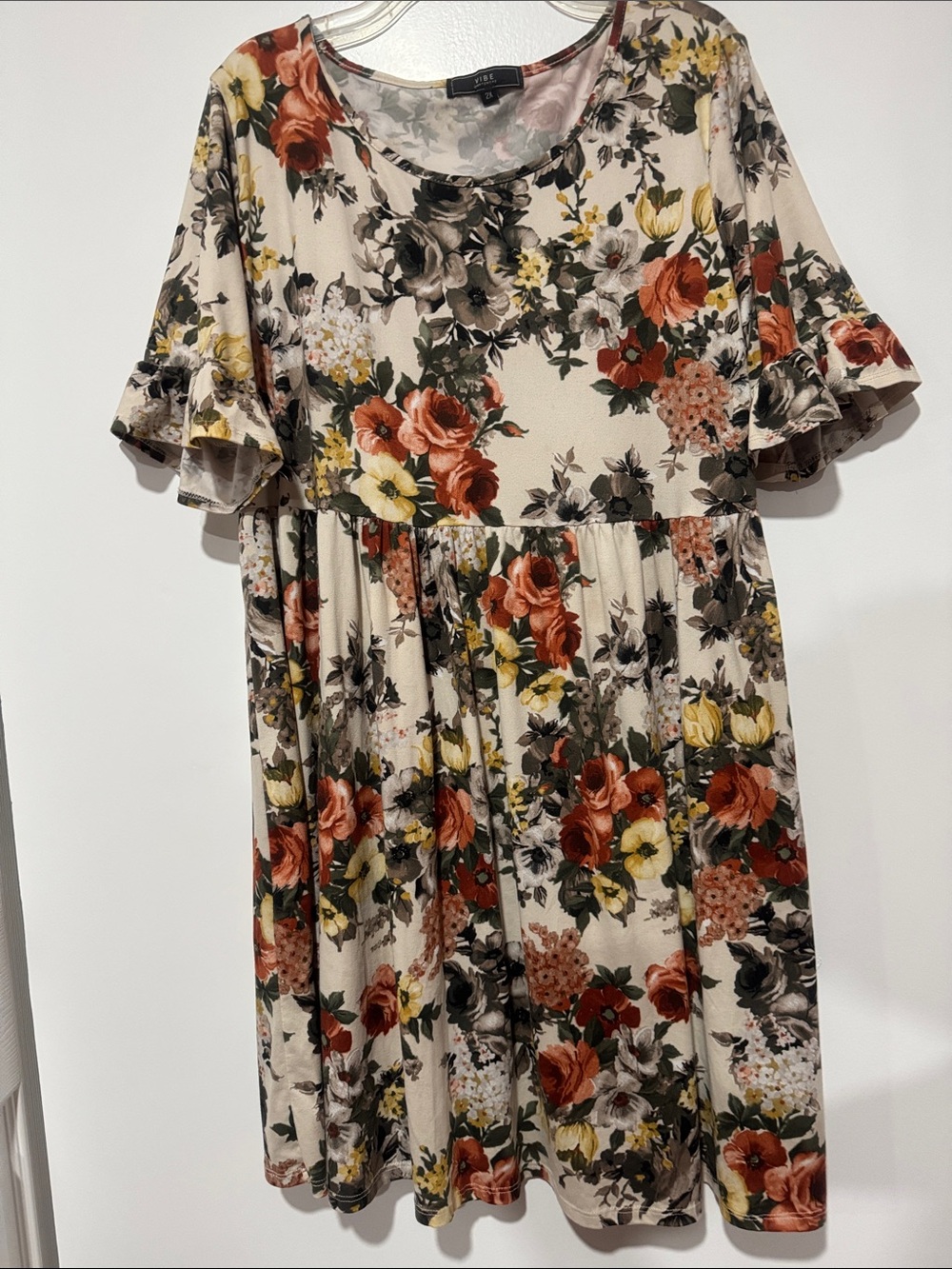 Vibe Cream Floral Short Ruffle-Sleeve Casual Dress with Rust & Yellow Flowers